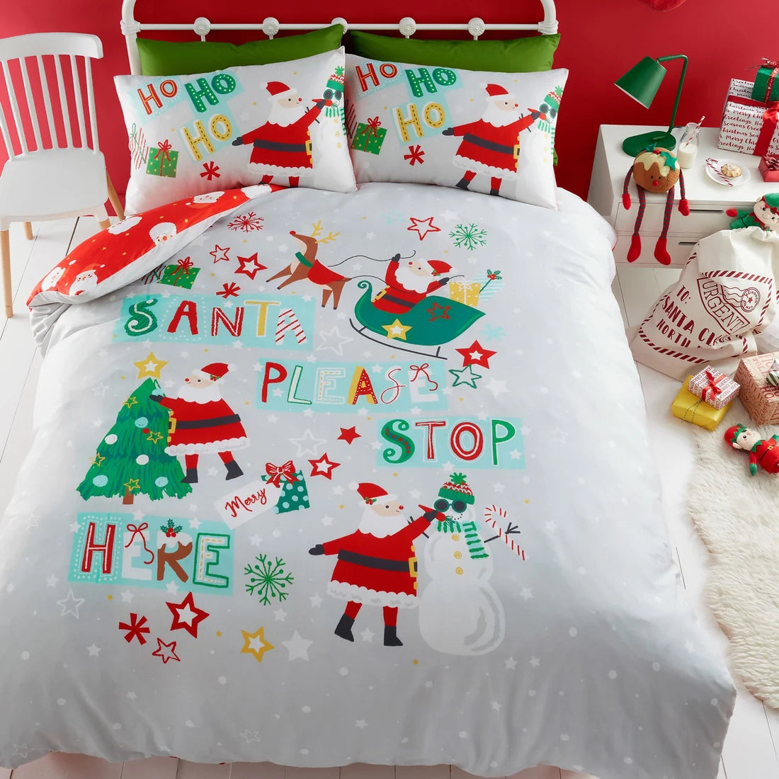 Bedlam Santa Please Stop Here glow in the dark Christmas duvet cover set in grey.