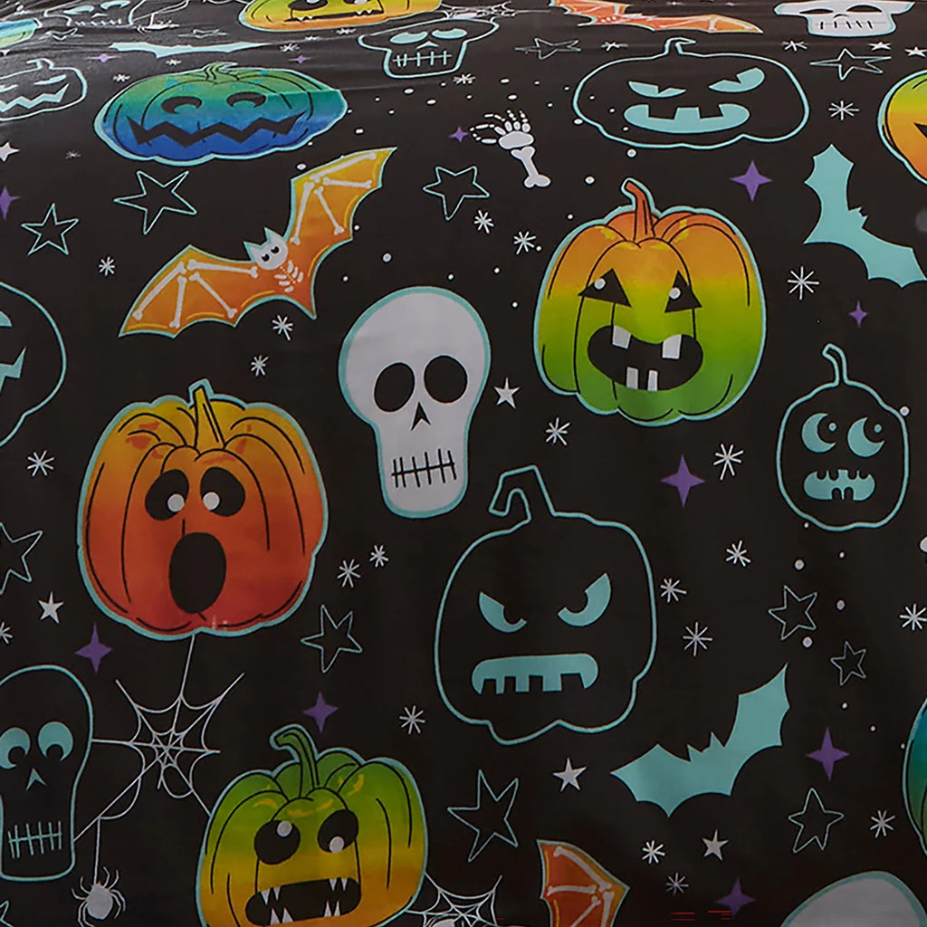 Close-up of the soft recycled polyester fabric on the Bedlam Scary Pumpkins duvet cover set.