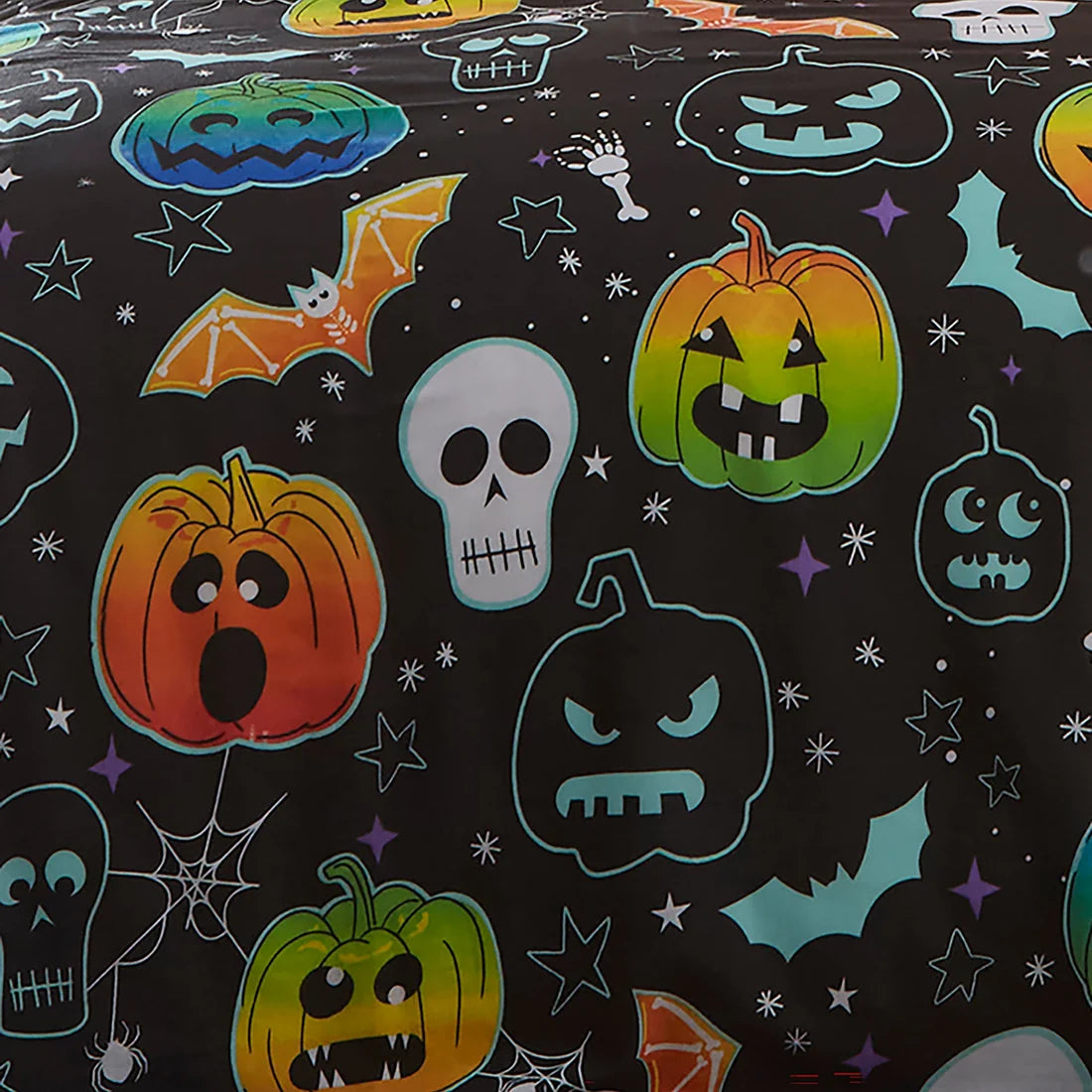 Close-up of the soft recycled polyester fabric on the Bedlam Scary Pumpkins duvet cover set.