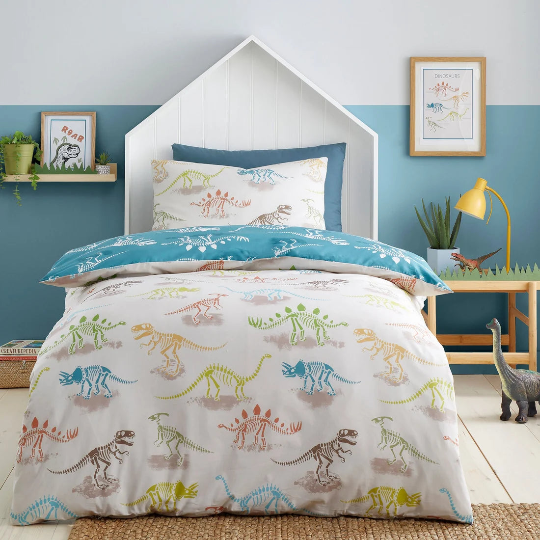 Bedlam Skeleton Dino reversible polycotton duvet cover set in natural.