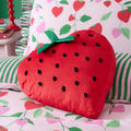 Bedlam strawberry shaped velvet cushion in red.
