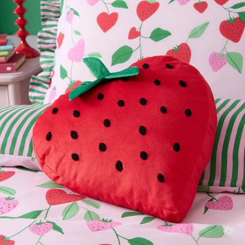 Bedlam strawberry shaped velvet cushion in red.