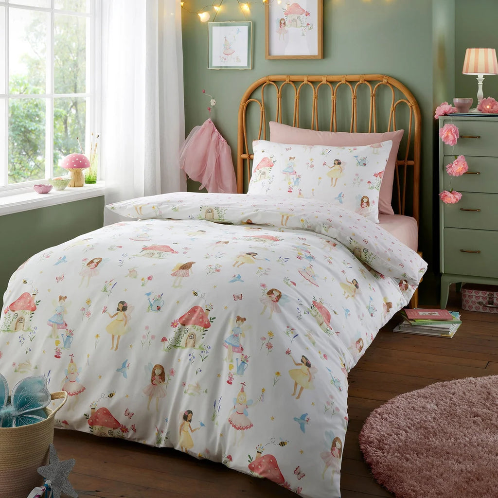 Bedlam Summer Fairies reversible polycotton duvet cover set in pink.
