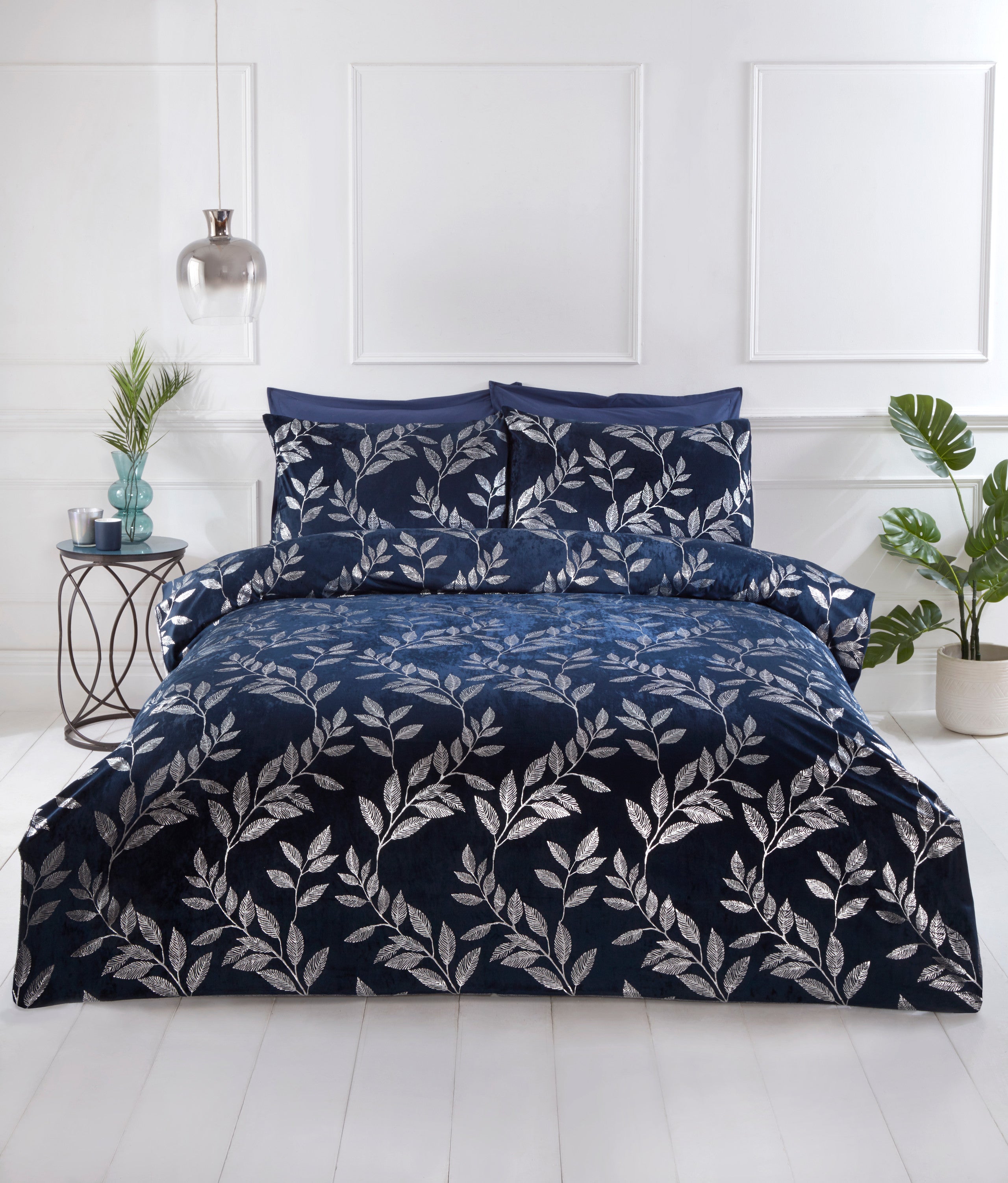Belle Maison Como foil leaf duvet cover set in navy with elegant silver leaf detailing.