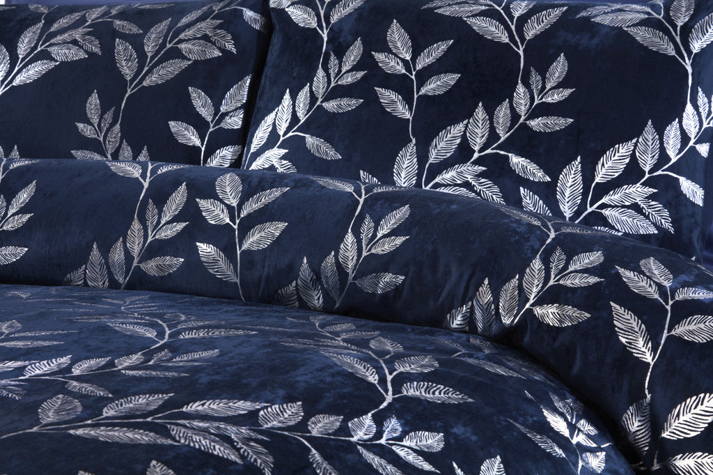 Close-up of the silver foil leaf design on the Belle Maison Como duvet cover set.