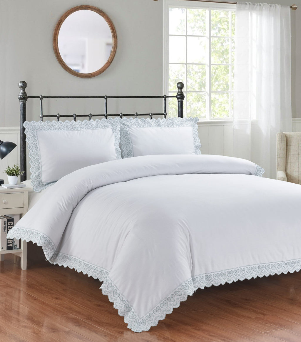 Belle Maison Elise embroidered duvet cover set with elegant heart embroidery and lace edging.