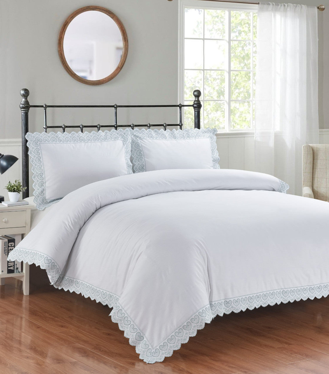 Belle Maison Elise embroidered duvet cover set with elegant heart embroidery and lace edging.