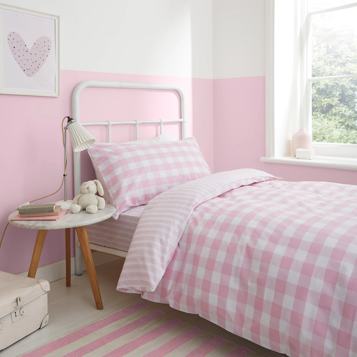 Little Bianca Check & Stripe 100% Cotton Reversible Duvet Cover Set in Pink