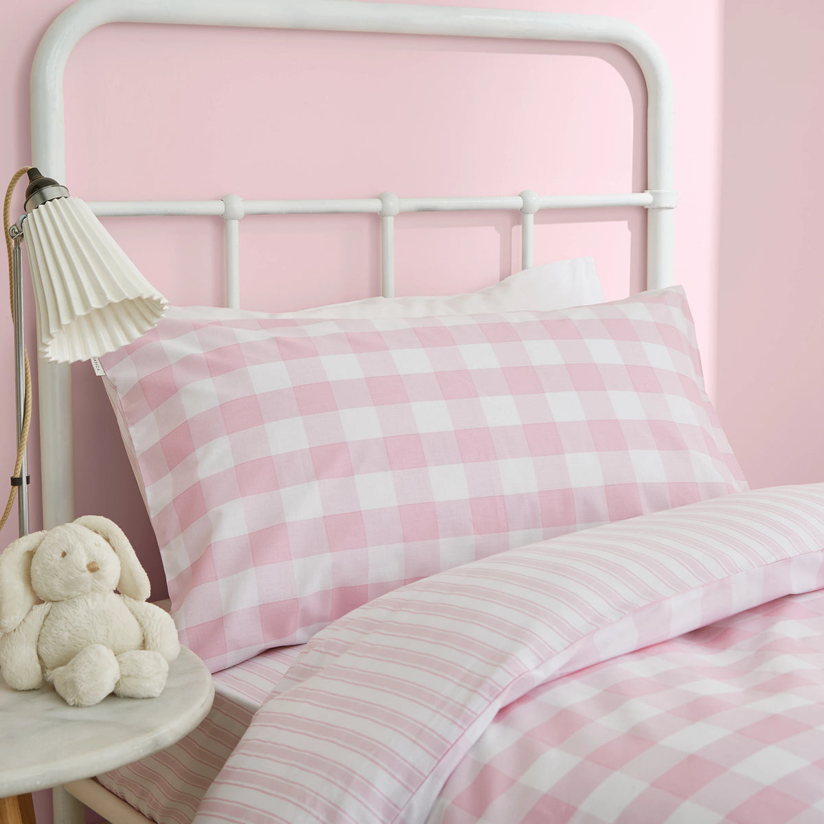 Little Bianca Check & Stripe 100% Cotton Reversible Duvet Cover Set in Pink