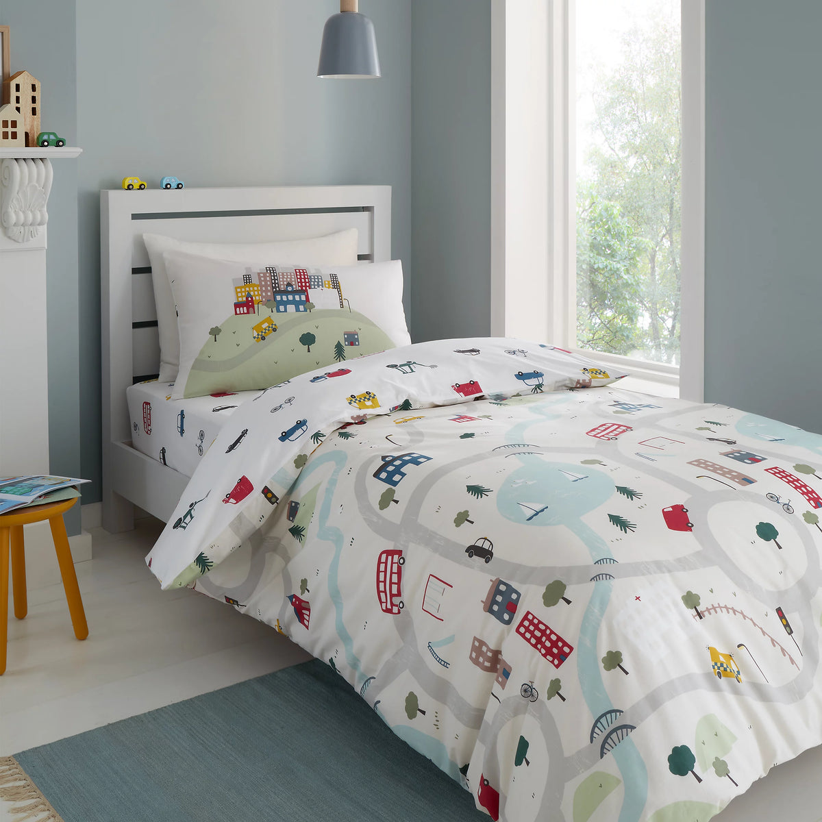 Little Bianca Transport 100% Cotton Reversible Duvet Cover Set in White