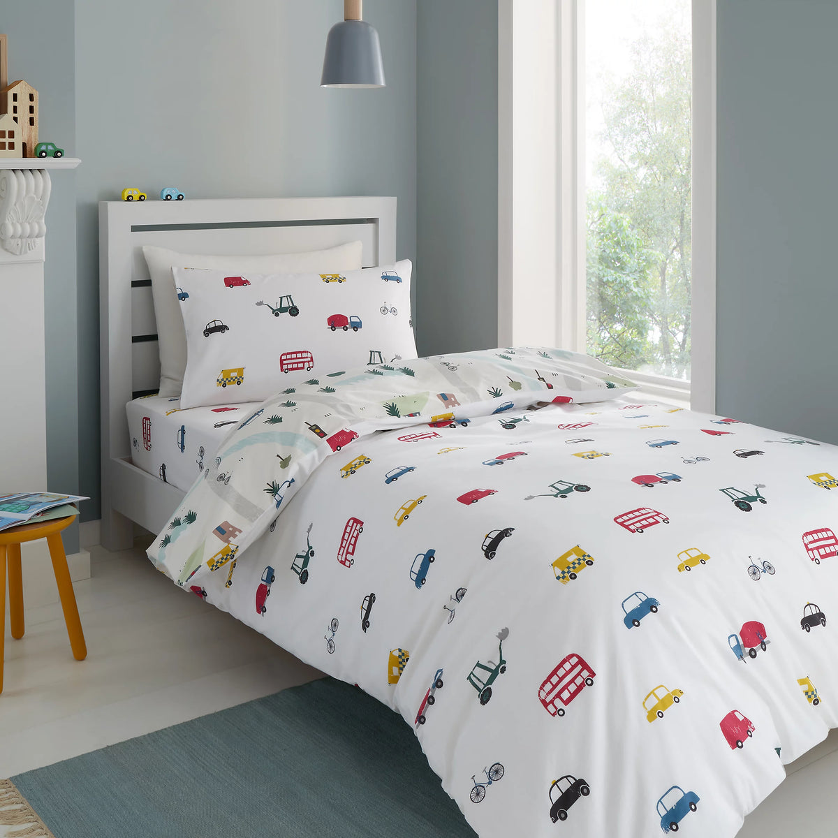 Little Bianca Transport 100% Cotton Reversible Duvet Cover Set in White