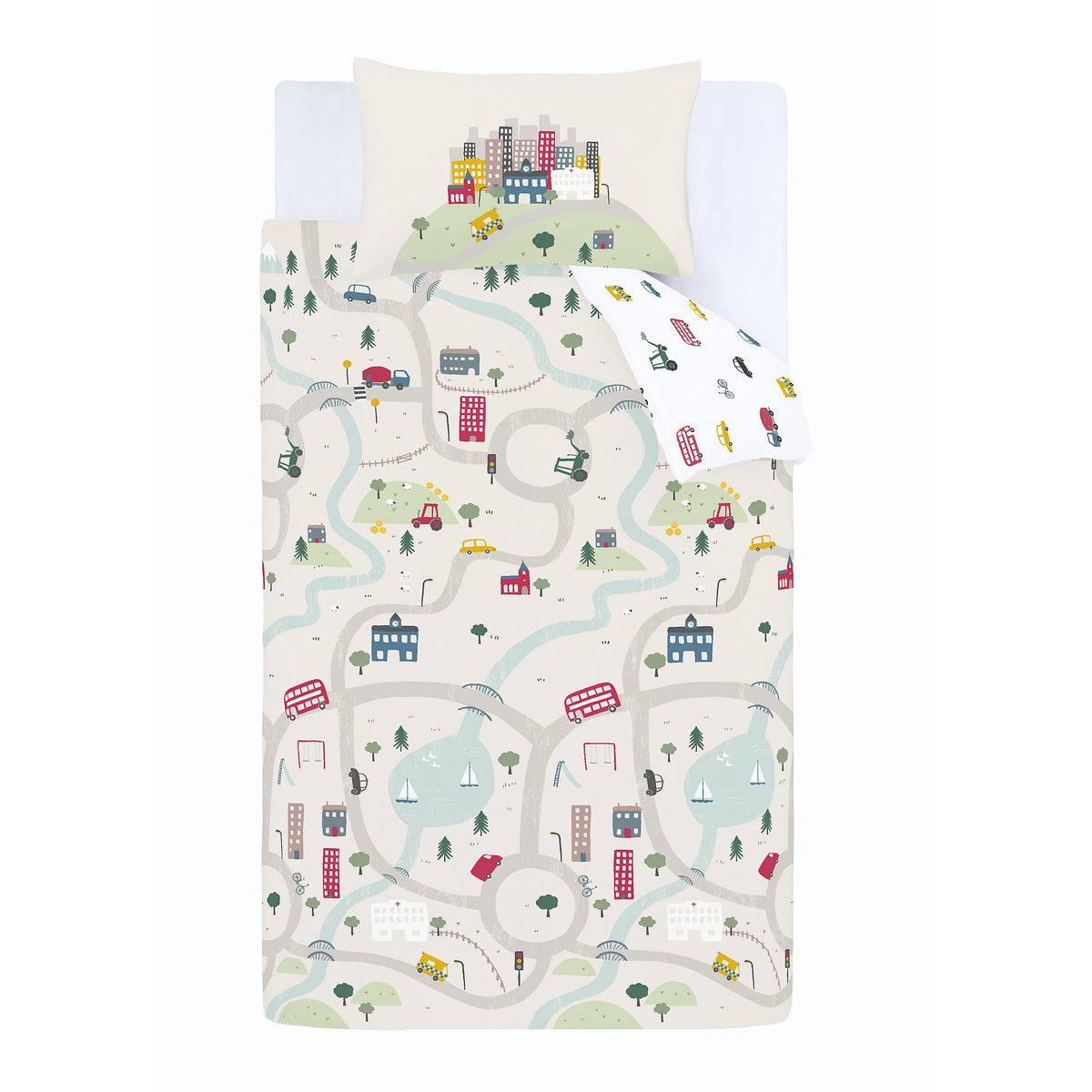 Little Bianca Transport 100% Cotton Reversible Duvet Cover Set in White
