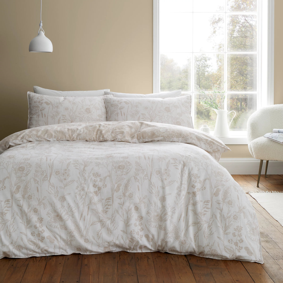 Bianca Brushed Cotton Floral Toile Reversible Duvet Set Natural