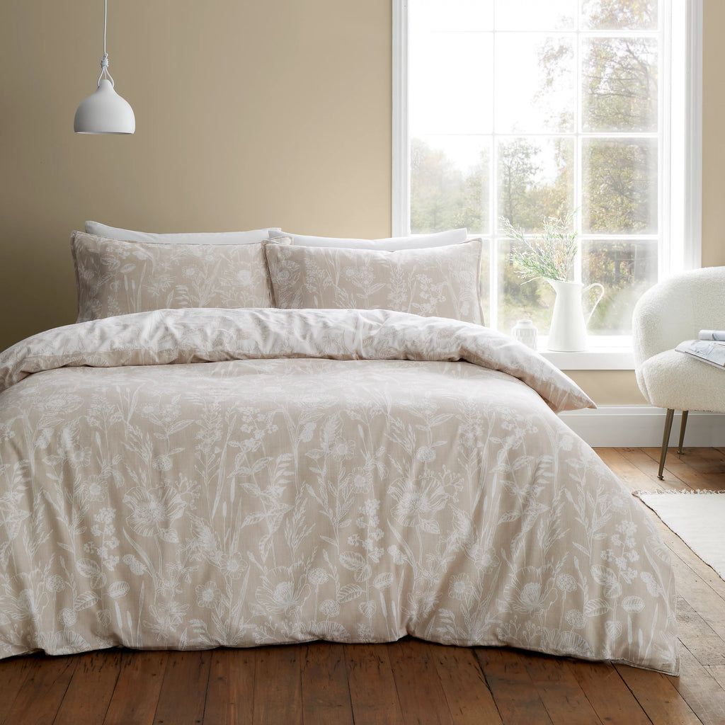 Bianca Brushed Cotton Floral Toile Reversible Duvet Set Natural