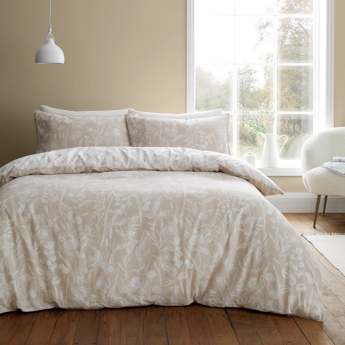 Bianca Brushed Cotton Floral Toile Reversible Duvet Set Natural