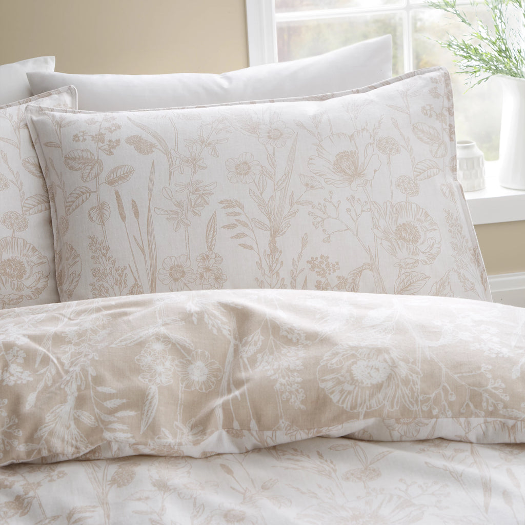 Bianca Brushed Cotton Floral Toile Reversible Duvet Set Natural