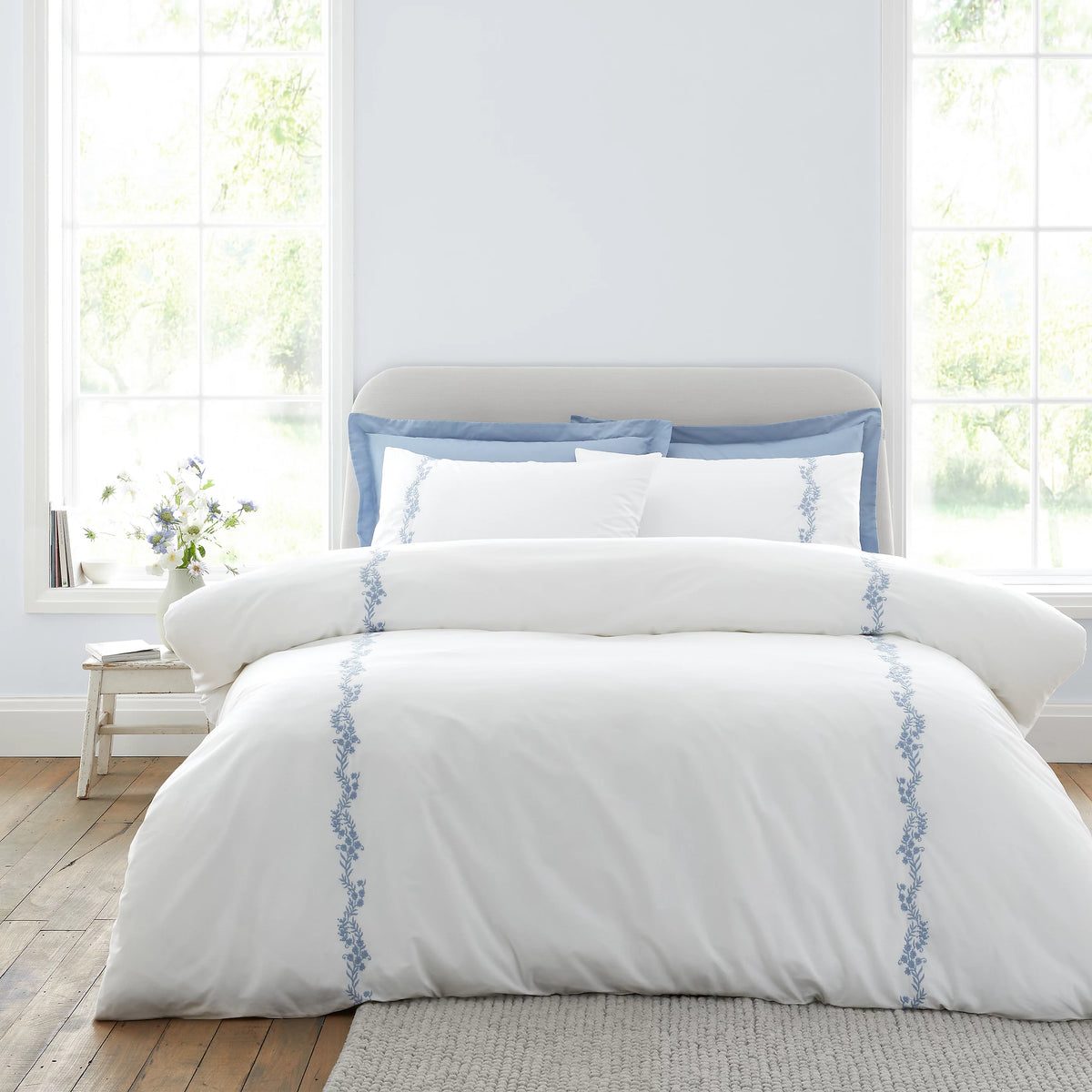 Bianca Camille Embroidered Floral 200TC Cotton Duvet Set White Blue