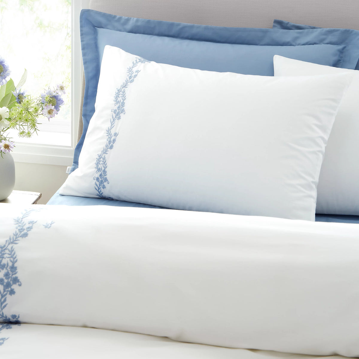 Bianca Camille Embroidered Floral 200TC Cotton Duvet Set White Blue