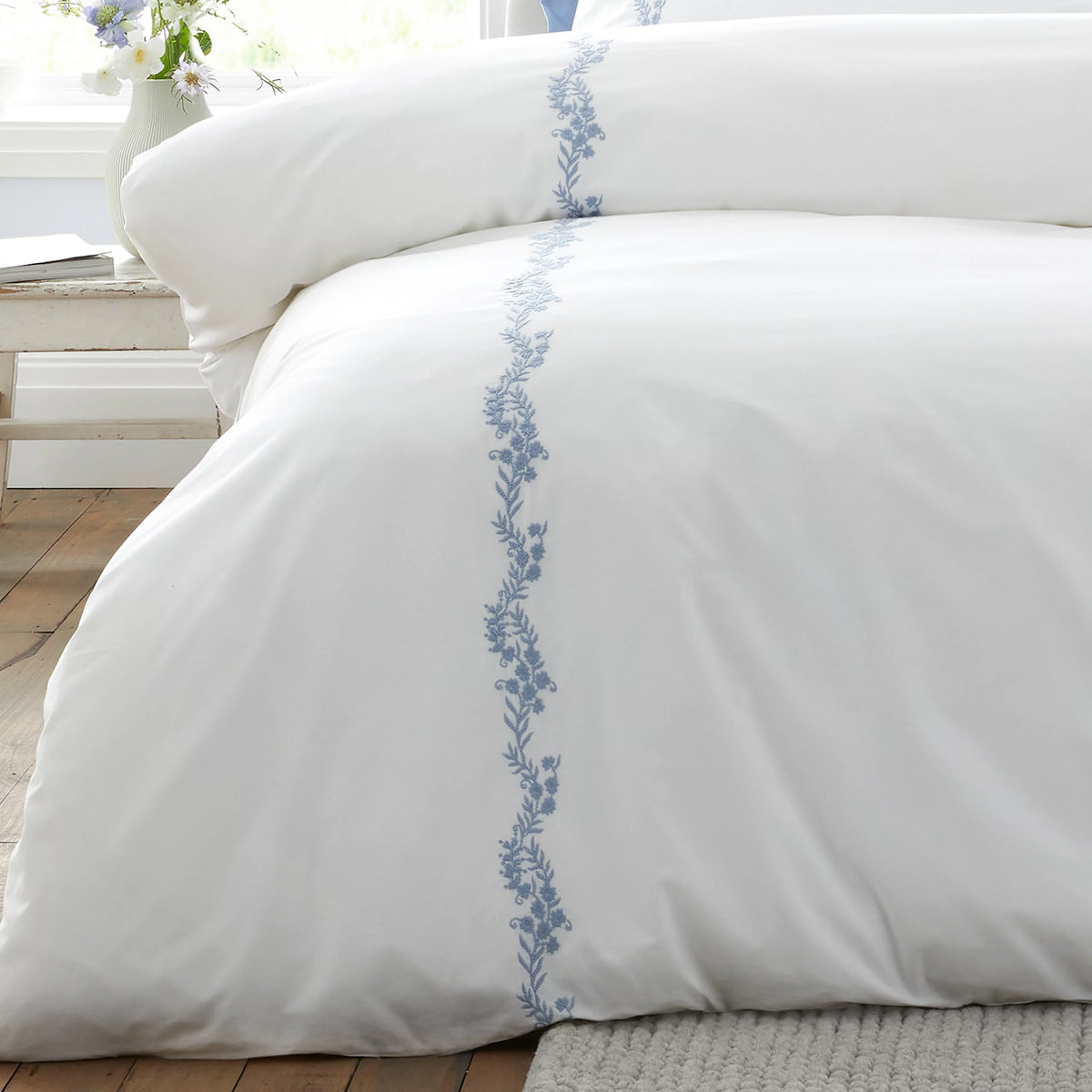 Bianca Camille Embroidered Floral 200TC Cotton Duvet Set White Blue