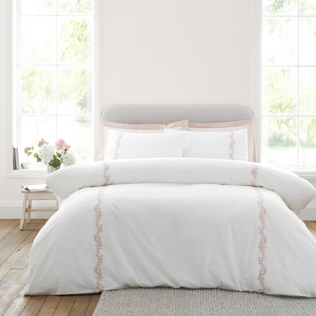 Bianca Camille Embroidered Floral 200TC Cotton Duvet Set White Pink