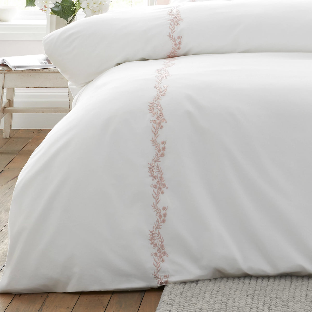 Bianca Camille Embroidered Floral 200TC Cotton Duvet Set White Pink