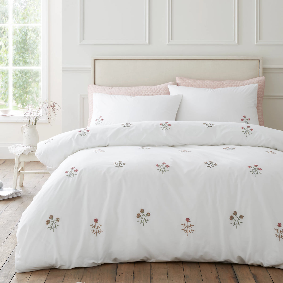 Bianca Adeline Floral Embroidered 200TC Cotton Duvet Set White