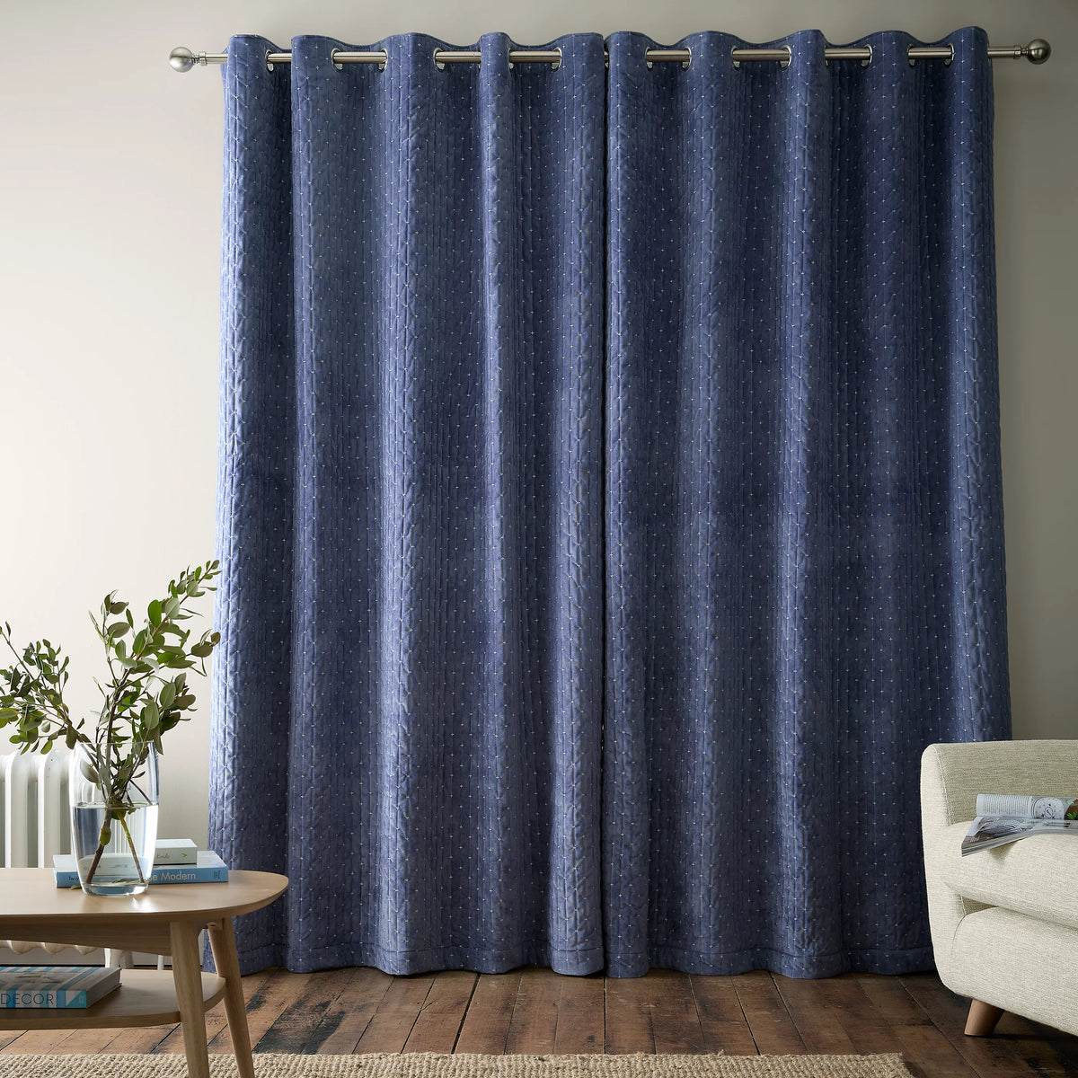 Bianca Fine Linens Attica Velvet Blackout Eyelet Curtains in Blue