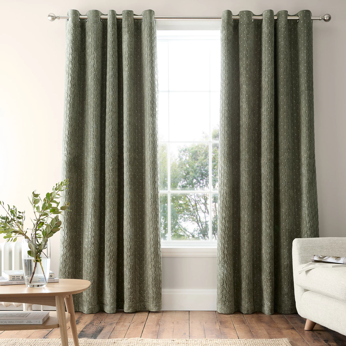 Bianca Fine Linens Attica Velvet Blackout Eyelet Curtains in Green