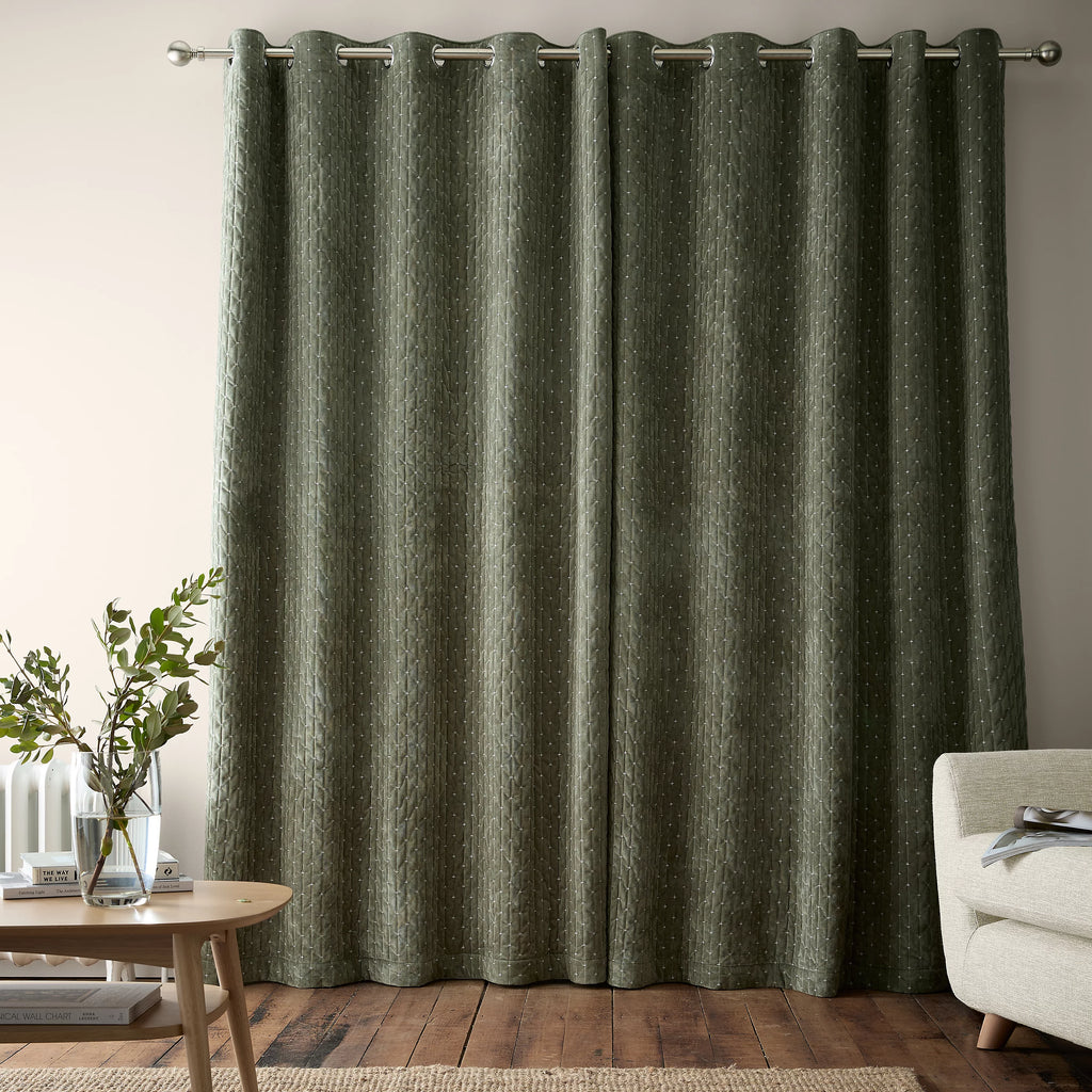 Bianca Fine Linens Attica Velvet Blackout Eyelet Curtains in Green
