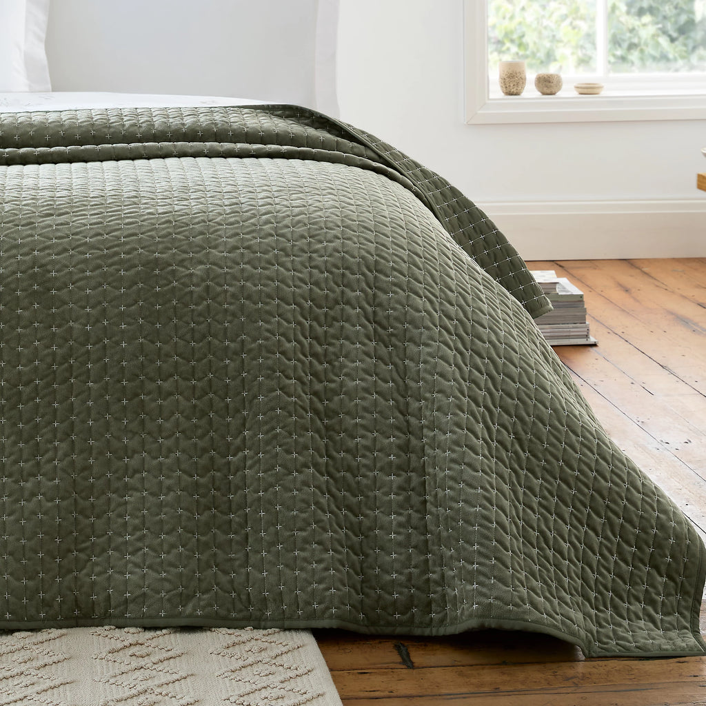 Bianca Attica Velvet Embroidered Bedspread Green 240x260cm