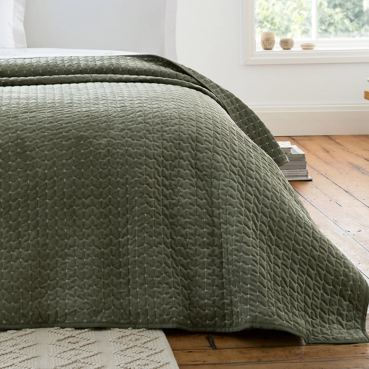Bianca Attica Velvet Embroidered Bedspread Green 240x260cm