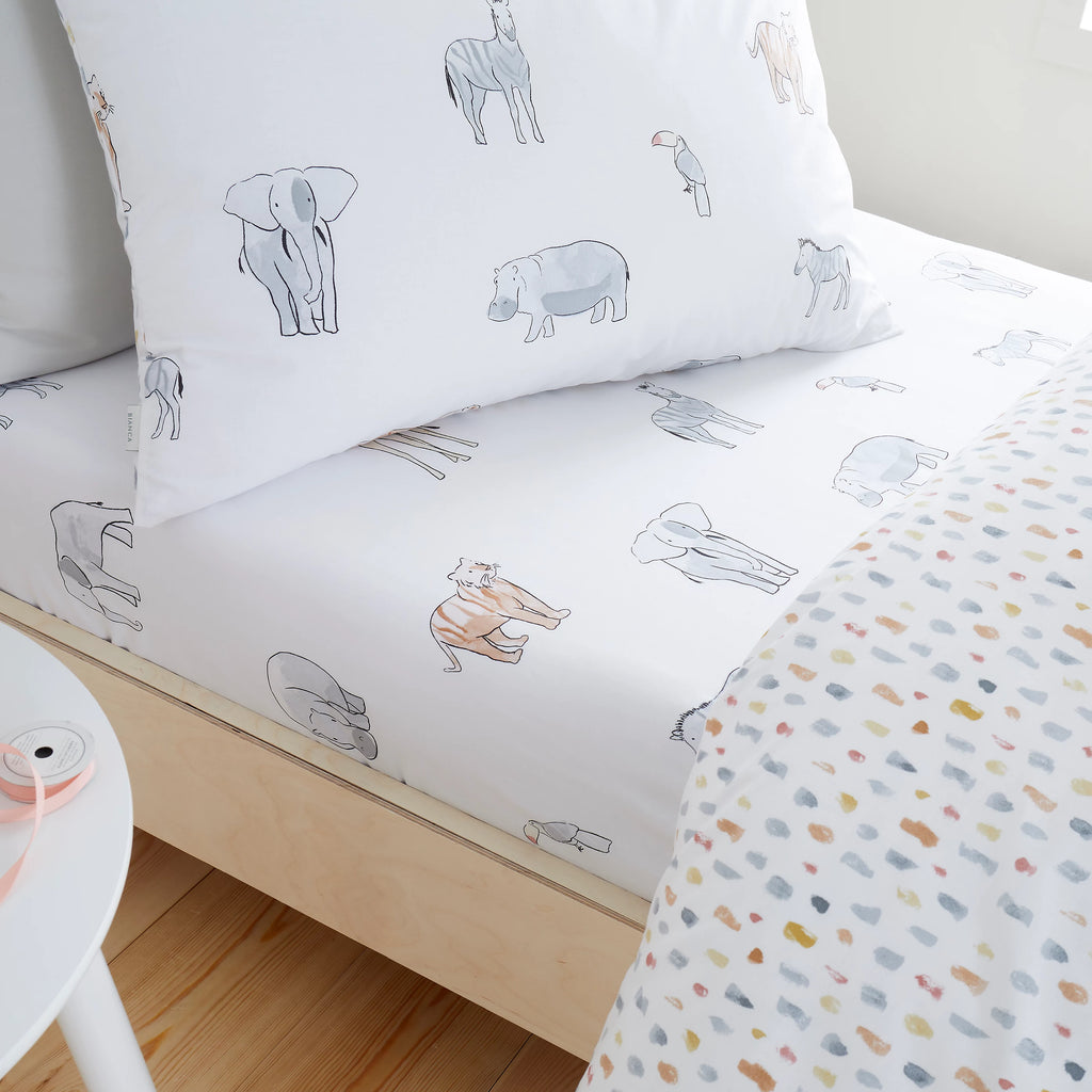 Little Bianca Zoo Animals Cotton Fitted Sheet 15cm Depth Pastel