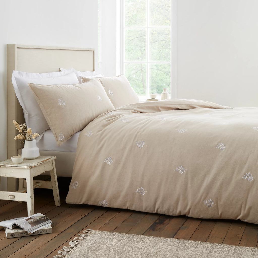 Bianca Brushed Embroidery Leaf Cotton Duvet Cover Set Natural