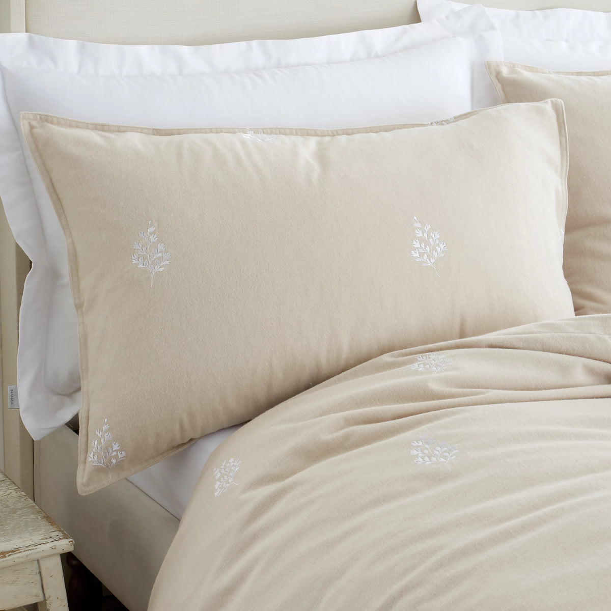 Bianca Brushed Embroidery Leaf Cotton Duvet Cover Set Natural