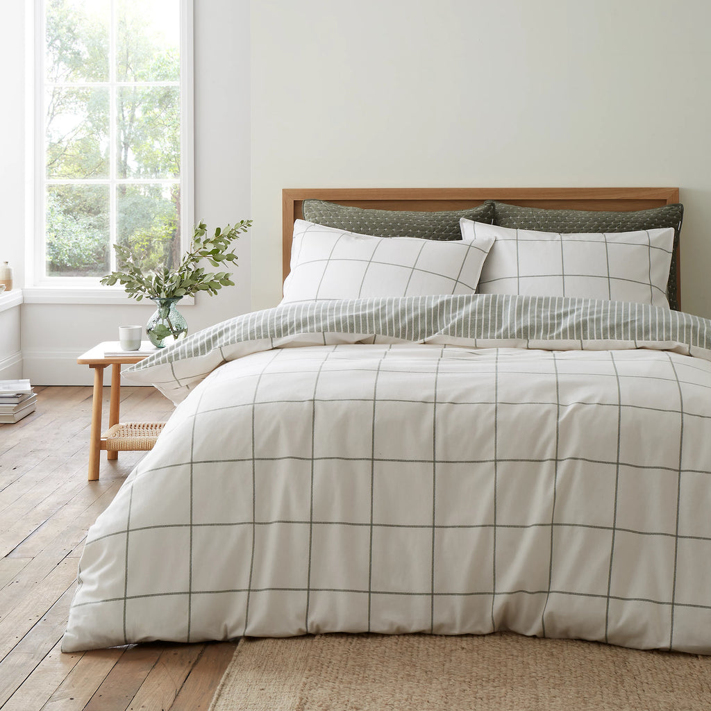 Bianca Brushed Regal Check Cotton Duvet Cover Set Green