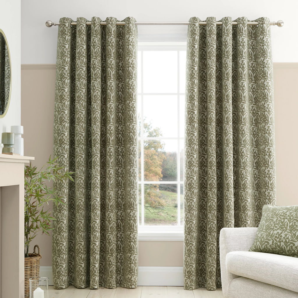 Bianca Fine Linens Chenille Leaves Lined Eyelet Curtains in Green