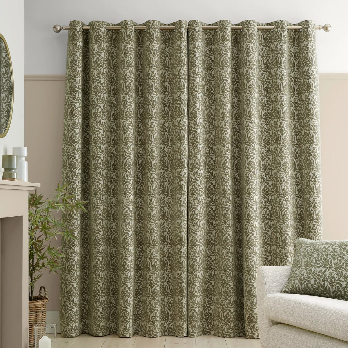 Bianca Fine Linens Chenille Leaves Lined Eyelet Curtains in Green