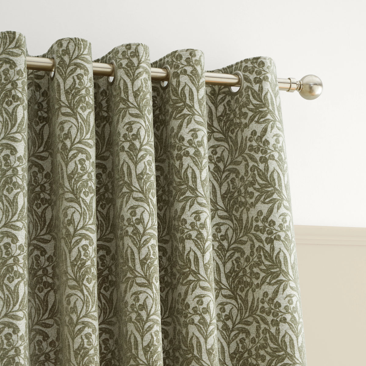 Bianca Fine Linens Chenille Leaves Lined Eyelet Curtains in Green