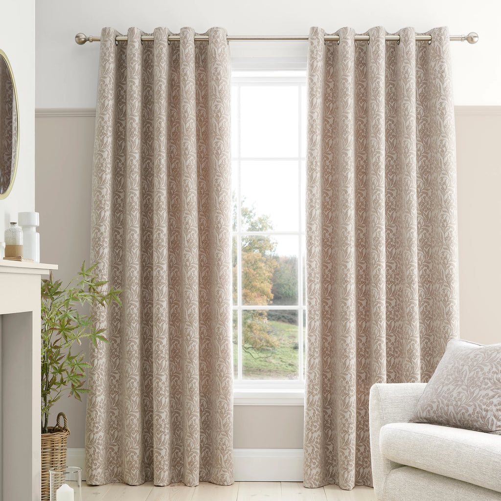 Bianca Fine Linens Chenille Leaves Lined Eyelet Curtains in Natural