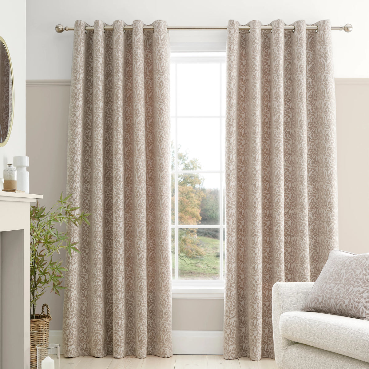 Bianca Fine Linens Chenille Leaves Lined Eyelet Curtains in Natural