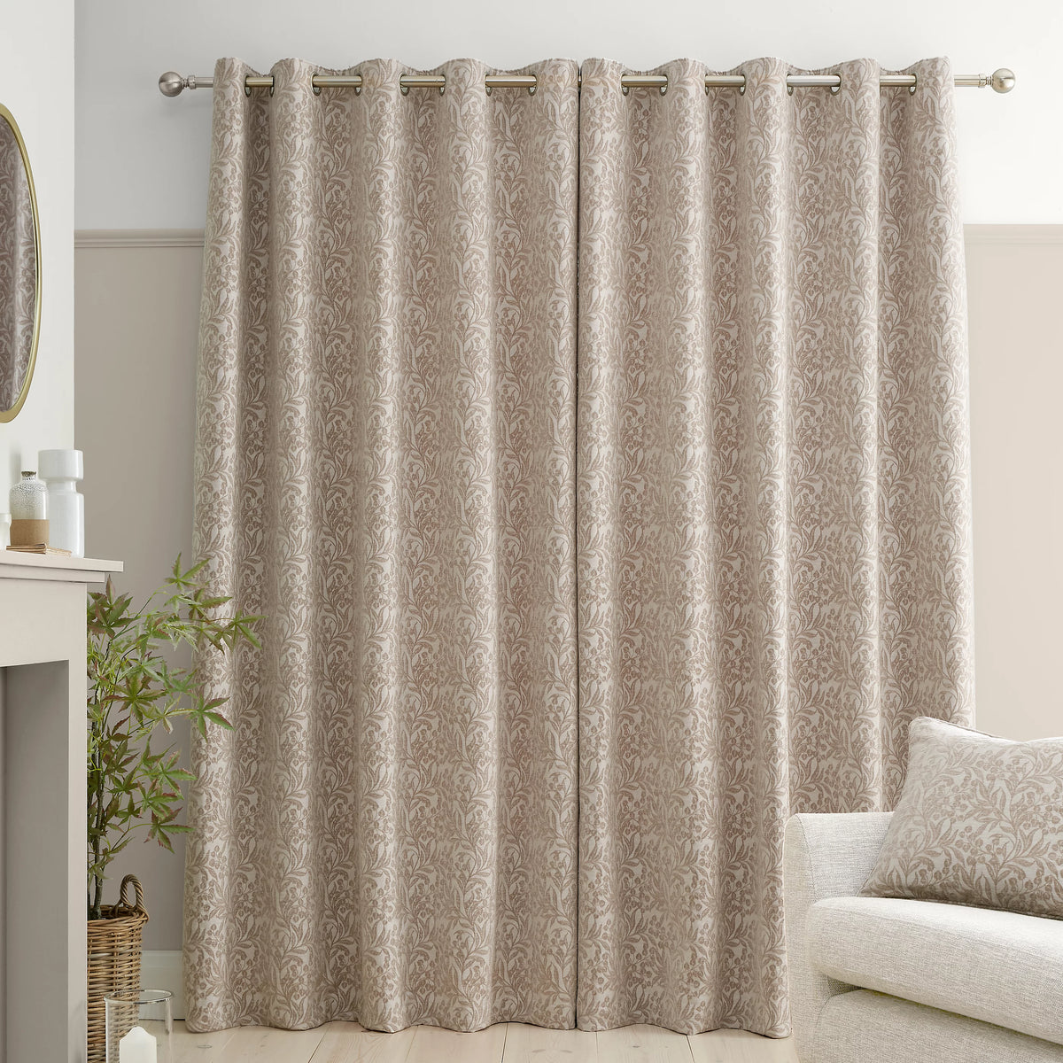 Bianca Fine Linens Chenille Leaves Lined Eyelet Curtains in Natural