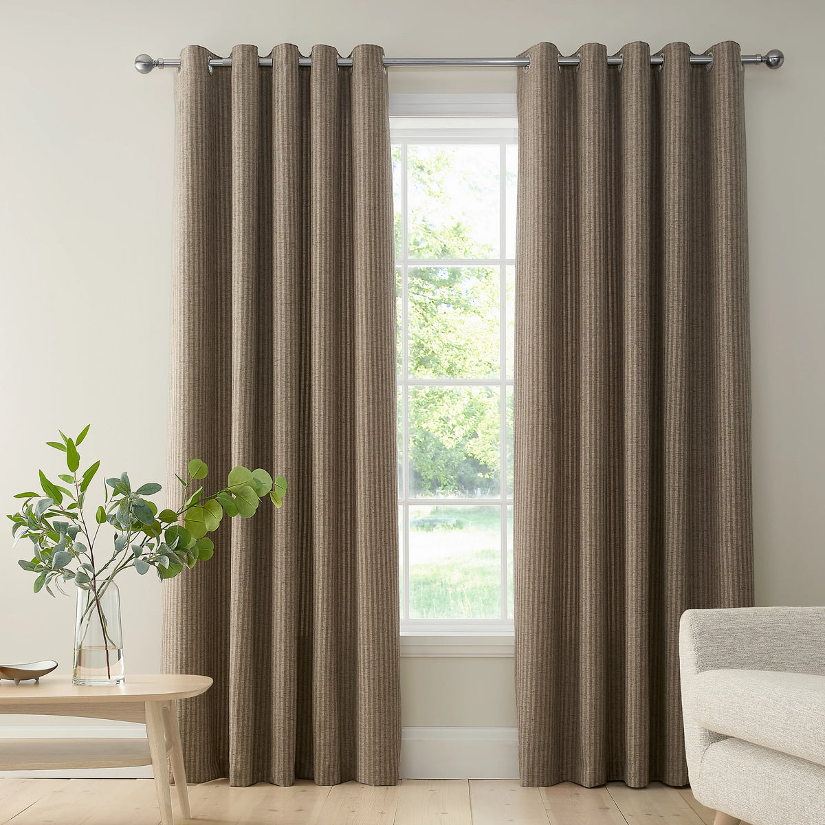 Bianca Fine Linens Chenille Stripe Lined Eyelet Curtains in Natural