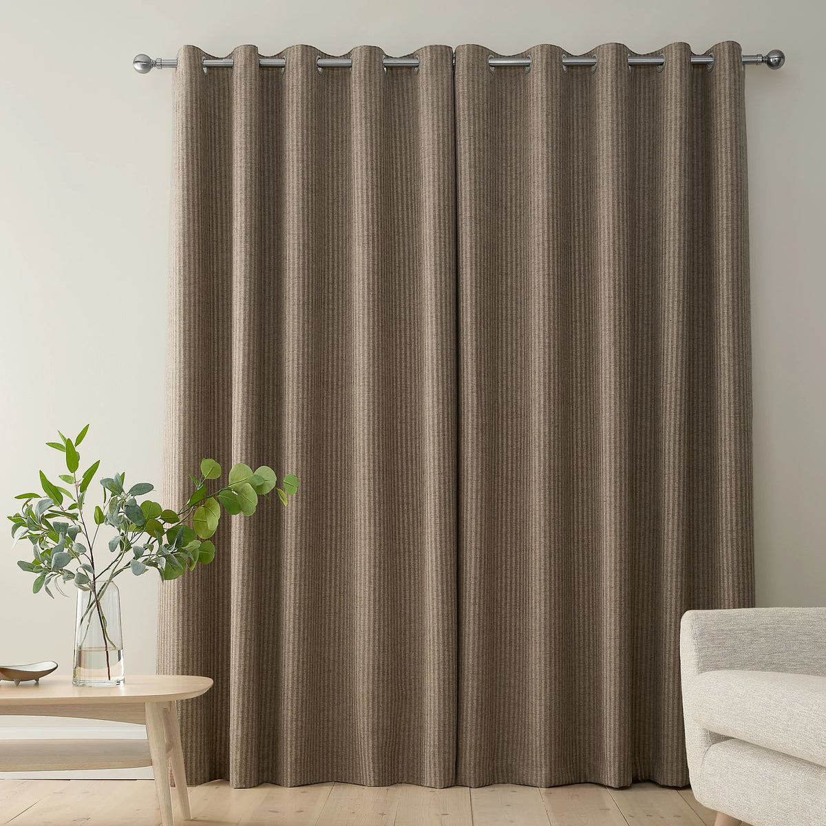 Bianca Fine Linens Chenille Stripe Lined Eyelet Curtains in Natural