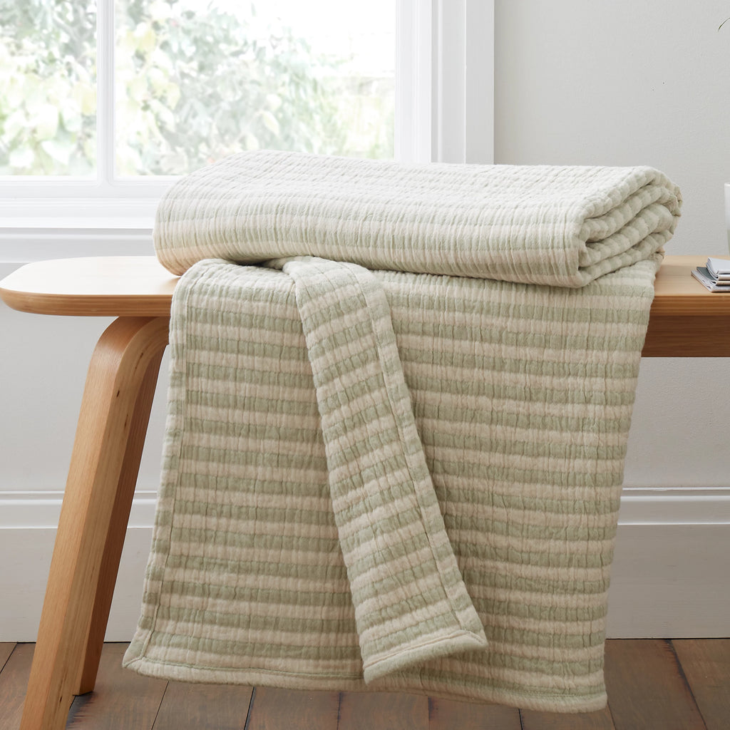Bianca Cotton Muslin Stripe Blanket Throw Green 150x200cm