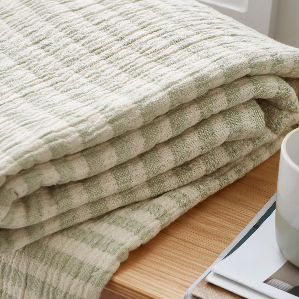 Bianca Cotton Muslin Stripe Blanket Throw Green 150x200cm