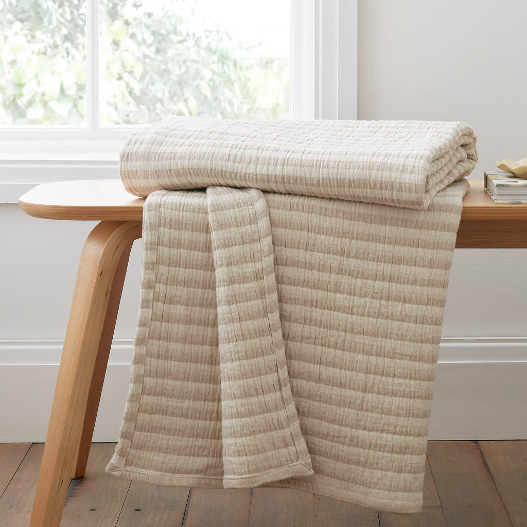 Bianca Cotton Muslin Stripe Blanket Throw Natural 150x200cm