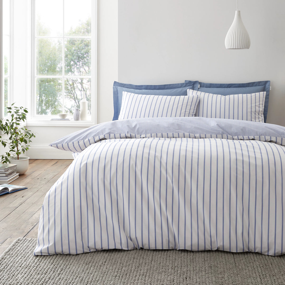 Bianca Hampton Stripe 200TC Cotton Reversible Duvet Set Blue