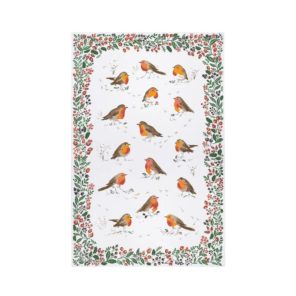 Ulster Weavers Robins & Berry Border Recycled Blend Cotton Tea Towel in White