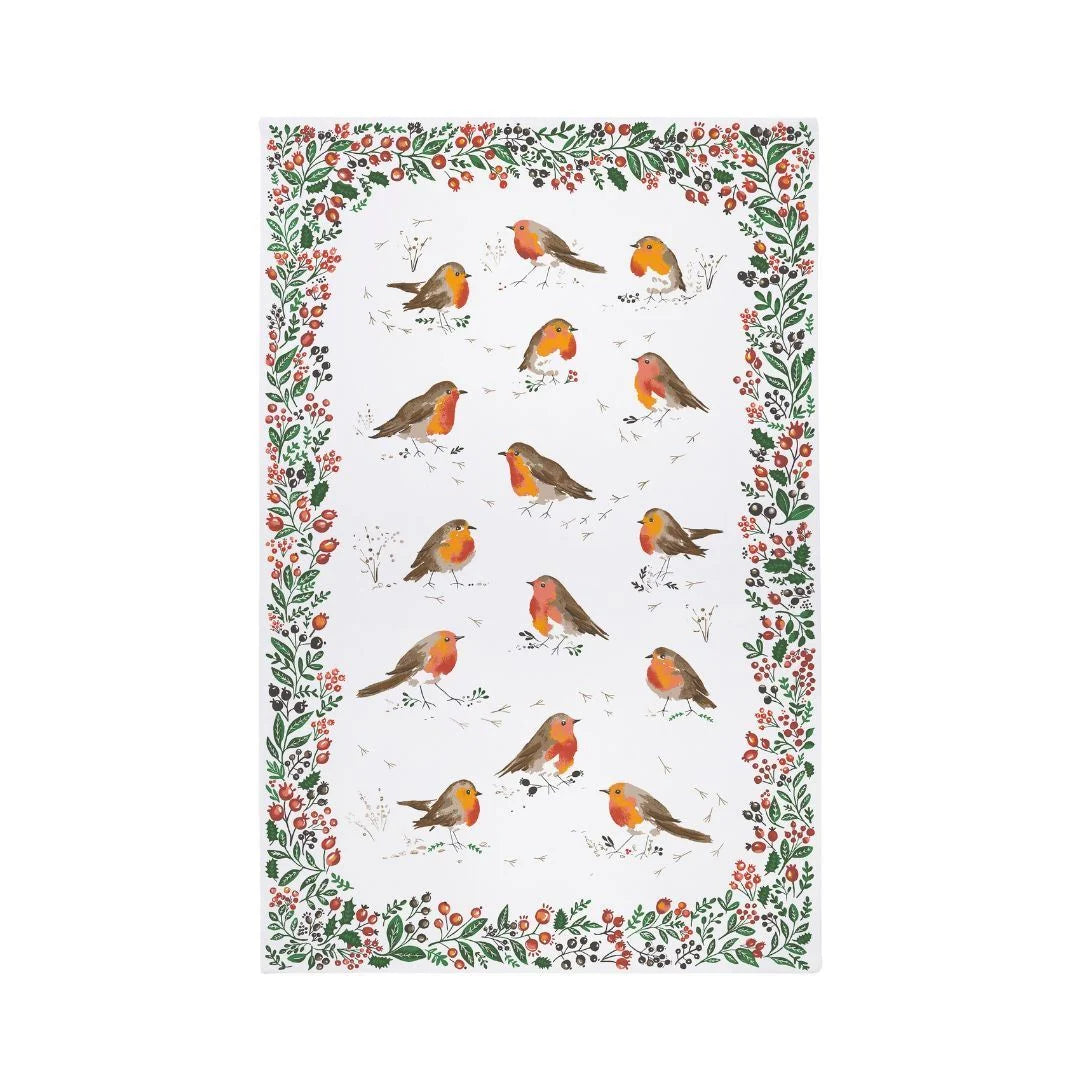Ulster Weavers Robins & Berry Border Recycled Blend Cotton Tea Towel in White