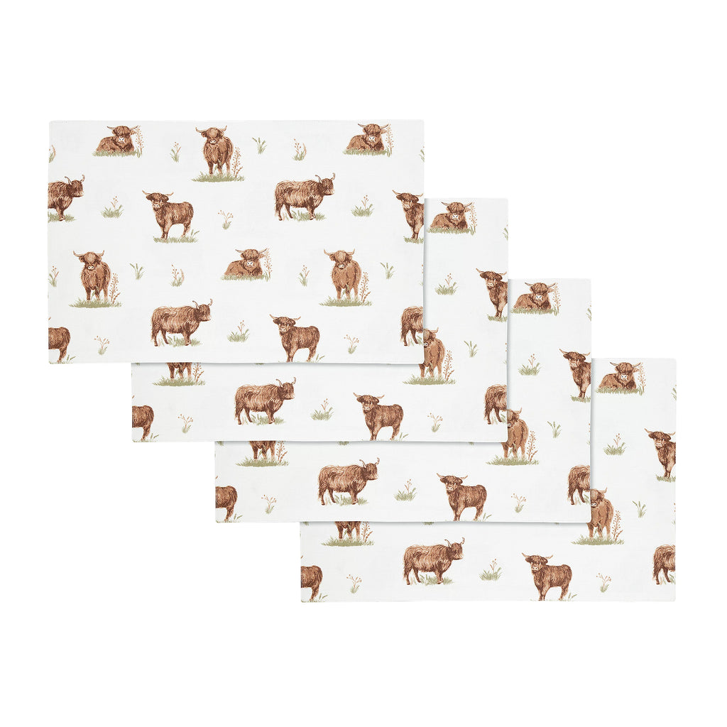 Catherine Lansfield Angus Highland Cow Cotton Dining Placemats 4 Pack in Natural